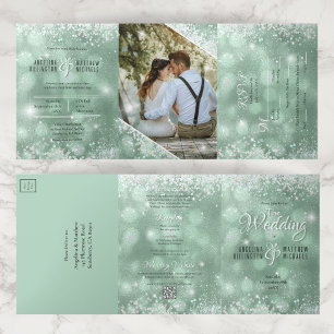 Invitación Tríptica Presupuesto Aqua Brillo Foto Todo en Uno Boda