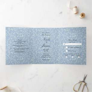 Invitación Tríptica Princesa Gris Azul Remolino Elegante Boda de Cuent