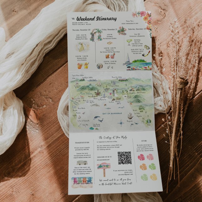 Invitación Tríptica Puerto Vallarta Watercolor Boda Itinerario (Subido por el creador)