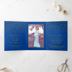 Invitación Tríptica Punto Polka Azul y Oro, Suite Baby Shower