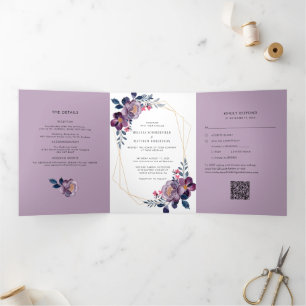 Invitación Tríptica Púrpura acuarela Floral Geométrica QR Code Boda