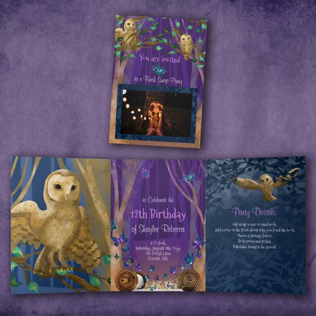 Invitación Tríptica Púrpura, bosque azul, búhos, mariposas Cumpleaños (purple blue owls butterflies magical forest birthday trifold invitation 12th book swap party)
