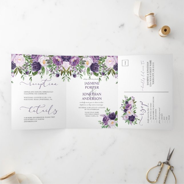 Invitación Tríptica Púrpura, Lavanda, Boda de Boho Floral Rosa | (Interior)