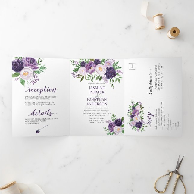 Invitación Tríptica Púrpura, lavanda, Boda de rosas rosadas | (Interior)