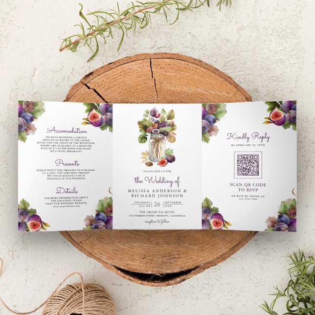 Invitación Tríptica Púrpura Rusa Fig Todo en un Boda de código QR (Subido por el creador)