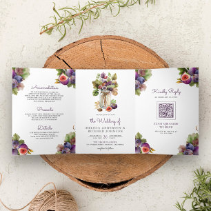 Invitación Tríptica Púrpura Rusa Fig Todo en un Boda de código QR