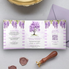 Invitación Tríptica Púrpura Wisteria Árbol Floral Foto Boda de código 