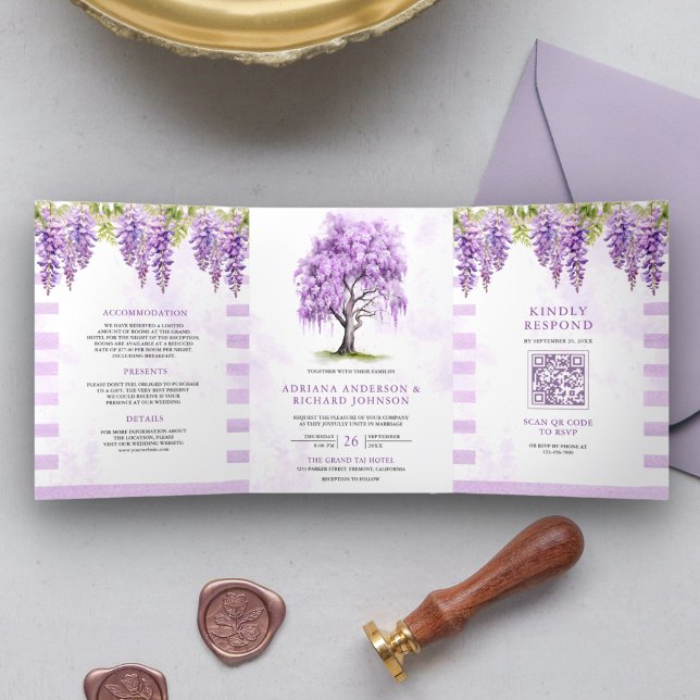 Invitación Tríptica Púrpura Wisteria Árbol Floral Foto Boda de código  (Subido por el creador)
