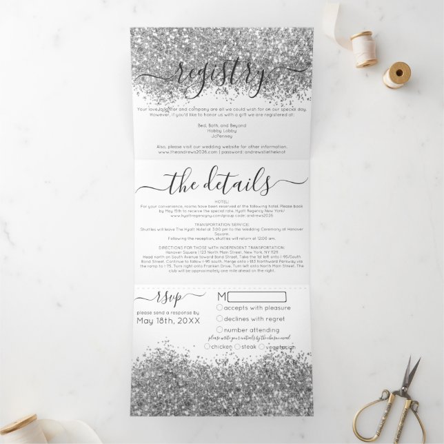 Invitación Tríptica Purpurina blanco plateado de lujo detalle de regis (Interior)