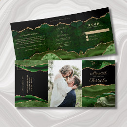 Invitación Tríptica Purpurina de oro Boda de Geode Green Agate
