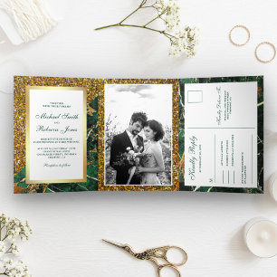 Invitación Tríptica Purpurina de oro, Boda fotográfico de mármol verde