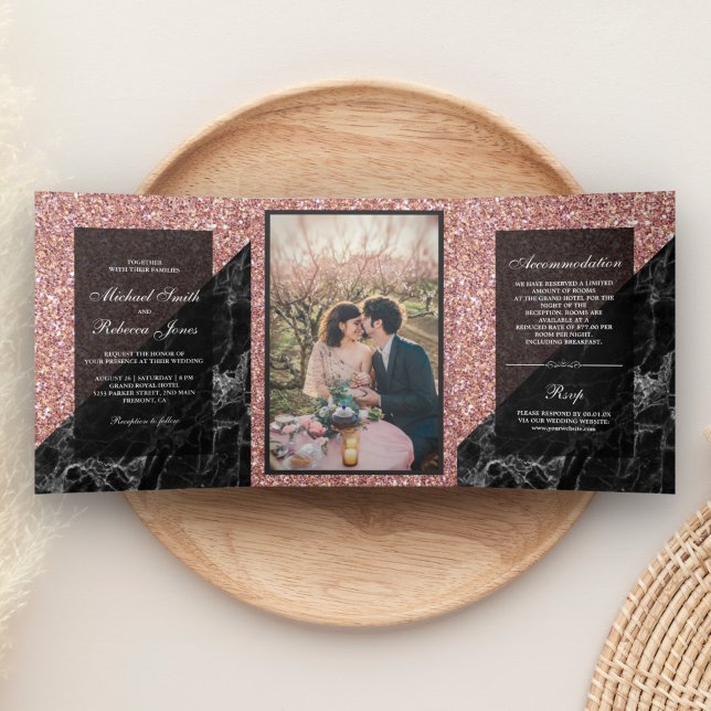 Invitación Tríptica Purpurina de oro falso Rosa Boda de mármol negro f (Subido por el creador)