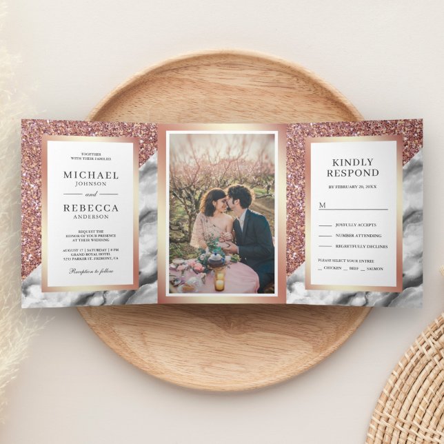 Invitación Tríptica Purpurina de oro Rosa Boda de fotografía de mármol (Subido por el creador)