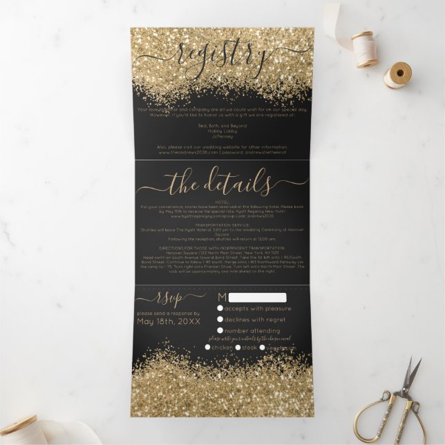 Invitación Tríptica Purpurina negro de oro de lujo detalle de registro (Interior)