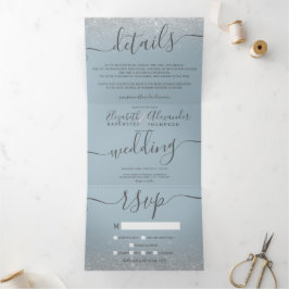 Invitación Tríptica Purpurina plateado boda de escritura azul polvo
