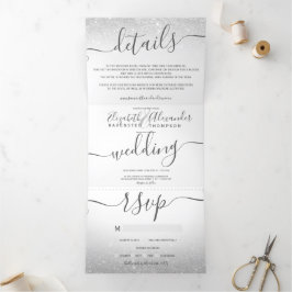 Invitación Tríptica Purpurina plateado boda de moda de escritura blanc