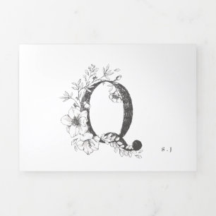 Invitación Tríptica 'Q' Monograma Hermoso Boda floral esbozado