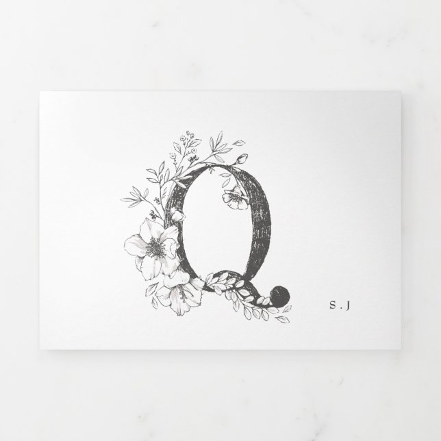 Invitación Tríptica 'Q' Monograma Hermoso Boda floral esbozado (Foto de portada)