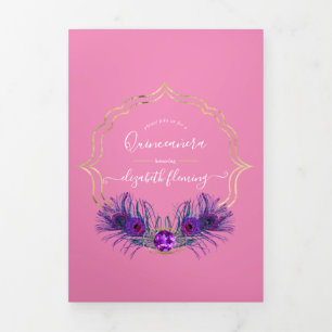 Invitación Tríptica Quinceañera de pavo real rosa y dorado