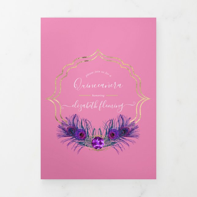 Invitación Tríptica Quinceañera de pavo real rosa y dorado (Foto de portada)