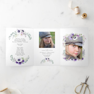 Invitación Tríptica Quinceañera floral acuarela Violeta polvorienta