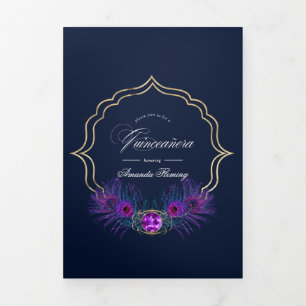 Invitación Tríptica Quinceañera Floral de Pavo Real Vintage en Tríptic