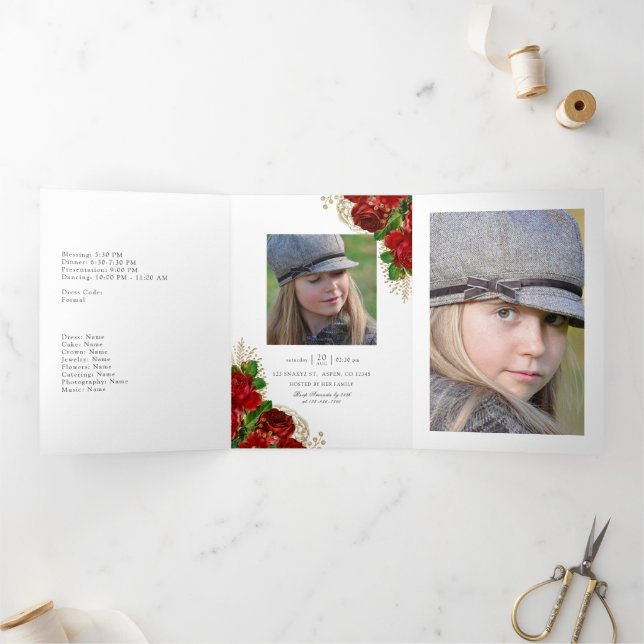 Invitación Tríptica Quinceañera Tr Rosas de la cosecha de borgoña y or (Interior)