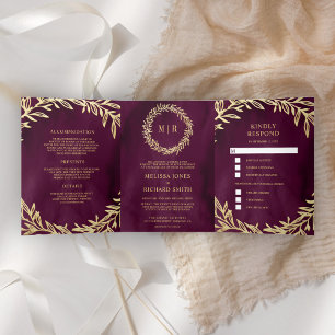 Invitación Tríptica Rama de hoja dorada de ciruela Todo en uno para bo