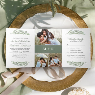 Invitación Tríptica Rama de Hojas de Olivo Foto Collage 3 en 1 Boda