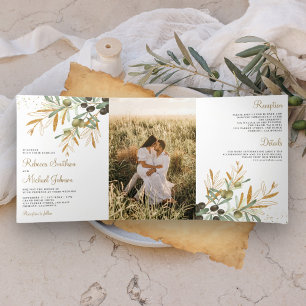 Invitación Tríptica Rama de Hojas de Olivo Oro Verde Foto Boda