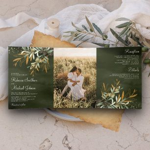 Invitación Tríptica Rama de hojas de olivo verde grisáceo dorado Foto 