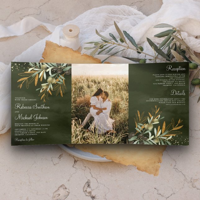 Invitación Tríptica Rama de hojas de olivo verde grisáceo dorado Foto  (Subido por el creador)