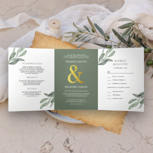 Invitación Tríptica Rama de Hojas de Olivo Verde Salvia Boda Todo en U