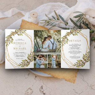 Invitación Tríptica Rama de olivo botánico rústico boda marco dorado