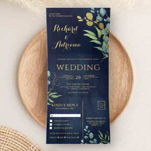 Invitación Tríptica Rama Dorada Hojas de Eucalipto Boda Azul Marino