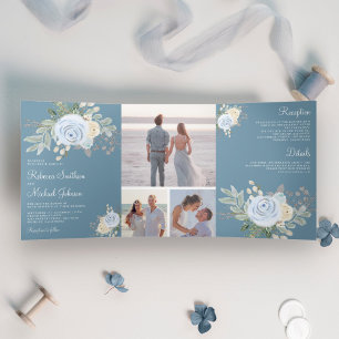Invitación Tríptica Ramo Floral Pastel Rústico Boda Azul Polvoriento