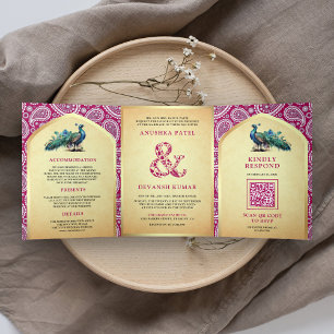 Invitación Tríptica Rani Pink Paisley India Peacock QR Code Boda