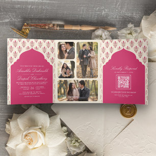 Invitación Tríptica Rani Rosa Crema Ikat Todo en Uno Boda Hindú