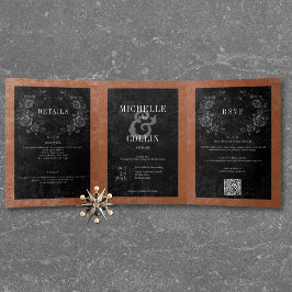 Invitación Tríptica Raven negro gótico y Boda de óxido de Rosas negros