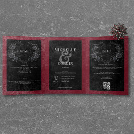Invitación Tríptica Raven negro gótico y Boda de vino Rosas negros