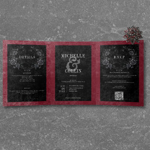 Invitación Tríptica Raven negro gótico y Boda de vino Rosas negros