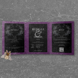 Invitación Tríptica Raven negro gótico y Boda morado Rosas negros
