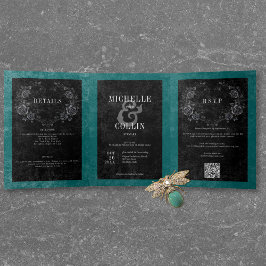 Invitación Tríptica Raven negro gótico y Boda Verde azulado de Rosas n