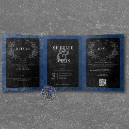 Invitación Tríptica Raven negro gótico y Rosas negros Boda azul