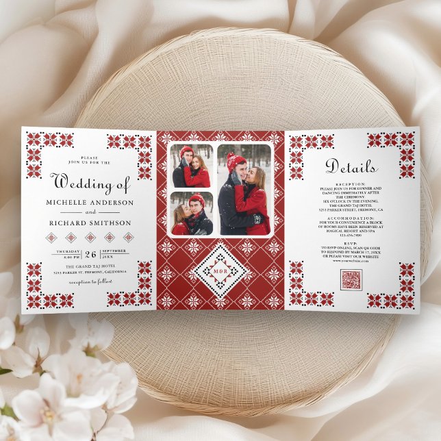 Invitación Tríptica Red and Black Ukrainian Embroidery QR Code Wedding (Subido por el creador)
