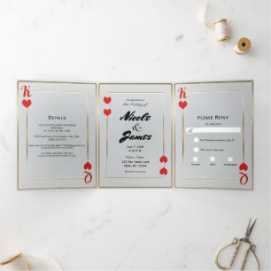 Invitación Tríptica Red Gold King y Queen of Hearts Casino Boda Tr