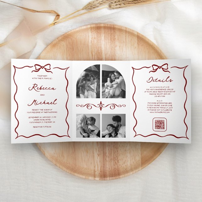 Invitación Tríptica Red Hand Drawn Bow QR Code Photo Wedding (Subido por el creador)