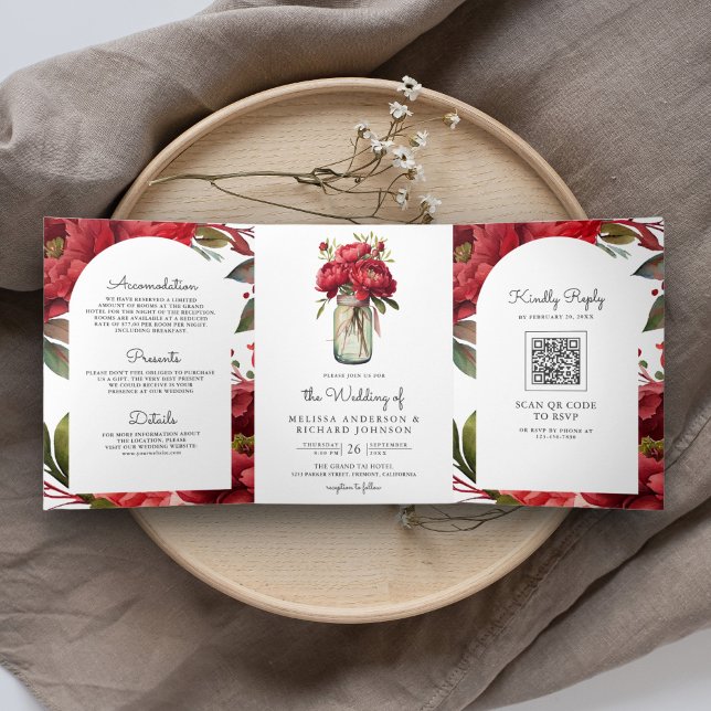 Invitación Tríptica Red Peony Floral Mason Jar QR Code Boda (Subido por el creador)