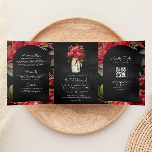 Invitación Tríptica Red Peony Mason Jar QR Code Boda de carbón vegetal (Subido por el creador)