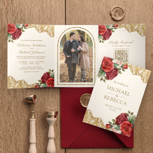 Invitación Tríptica Red Roses Gold Lace Cream QR Code Boda de fotos